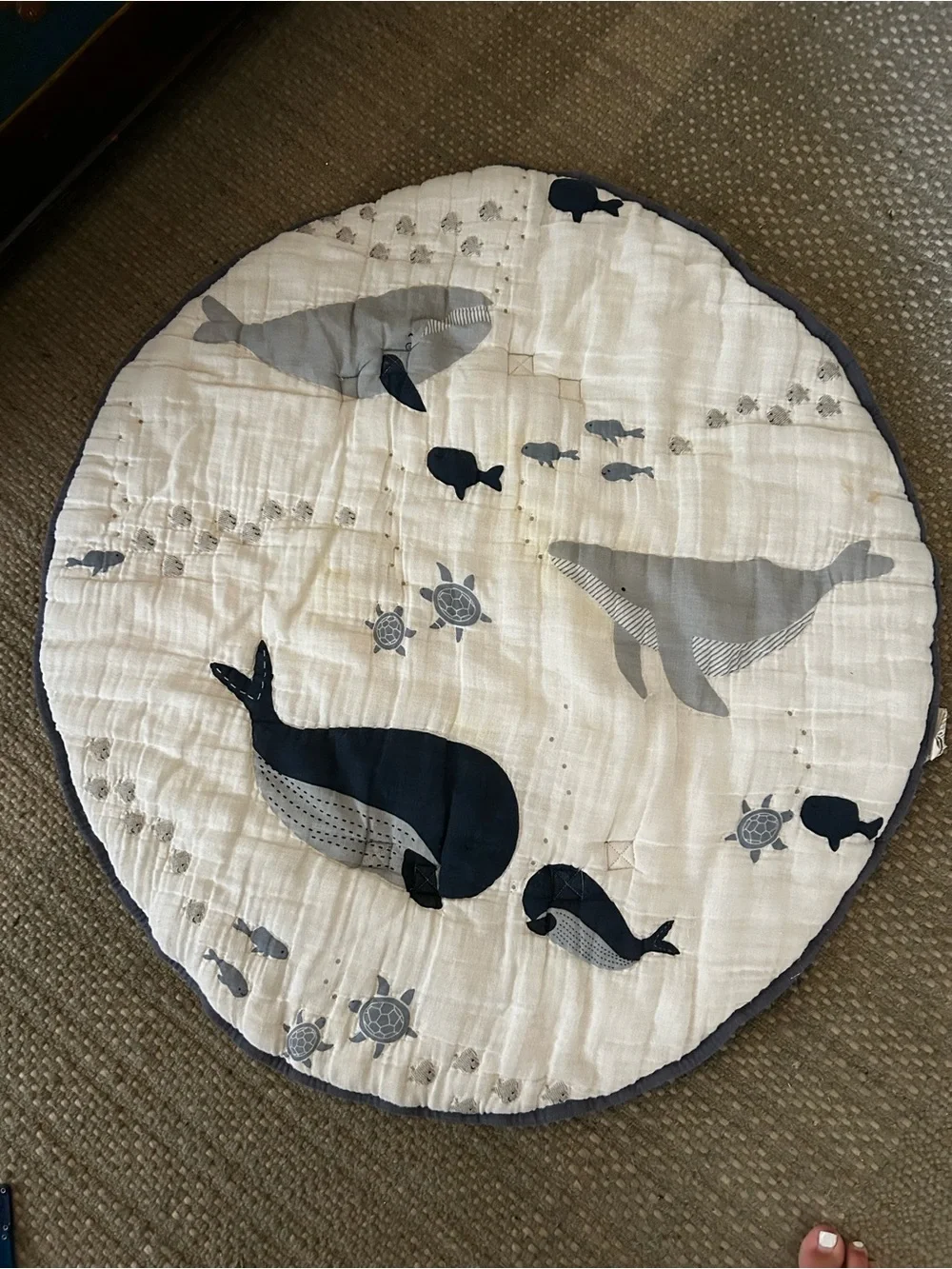 Pottery Barn Kids Round Whale Print Quilted Play Mat - Navy and Gray